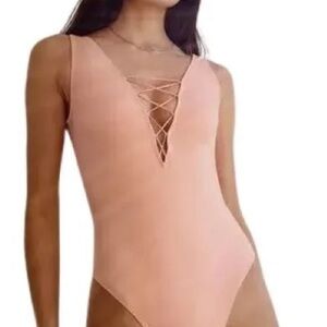 Wilfred‎ Free Womens Lais Bodysuit Pink Lace Up V Neck Thong Brief Stretch NWT